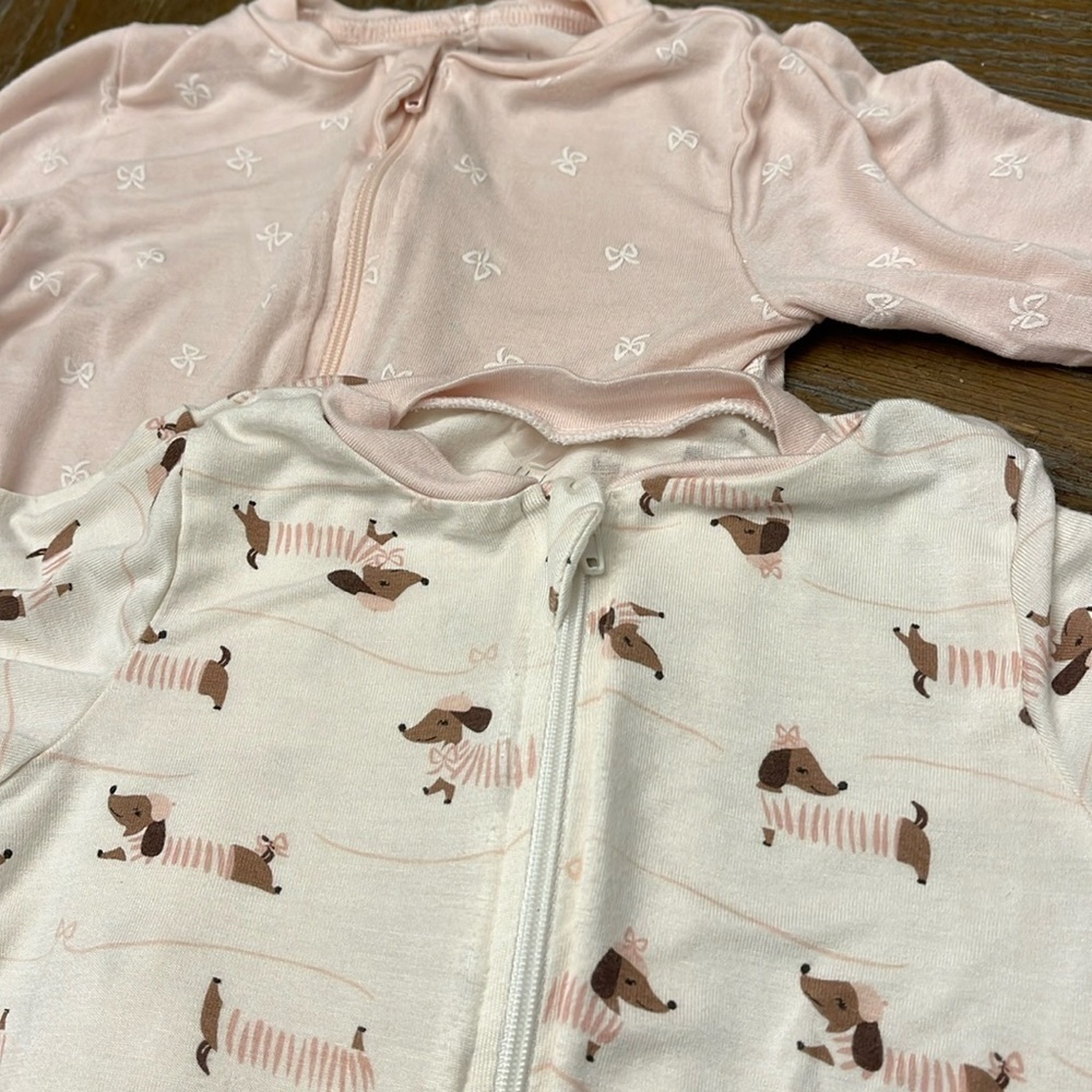Milkberry Baby Girl Bamboo Set of 2 Footie Sleepers 6-9 months dog bows like new
